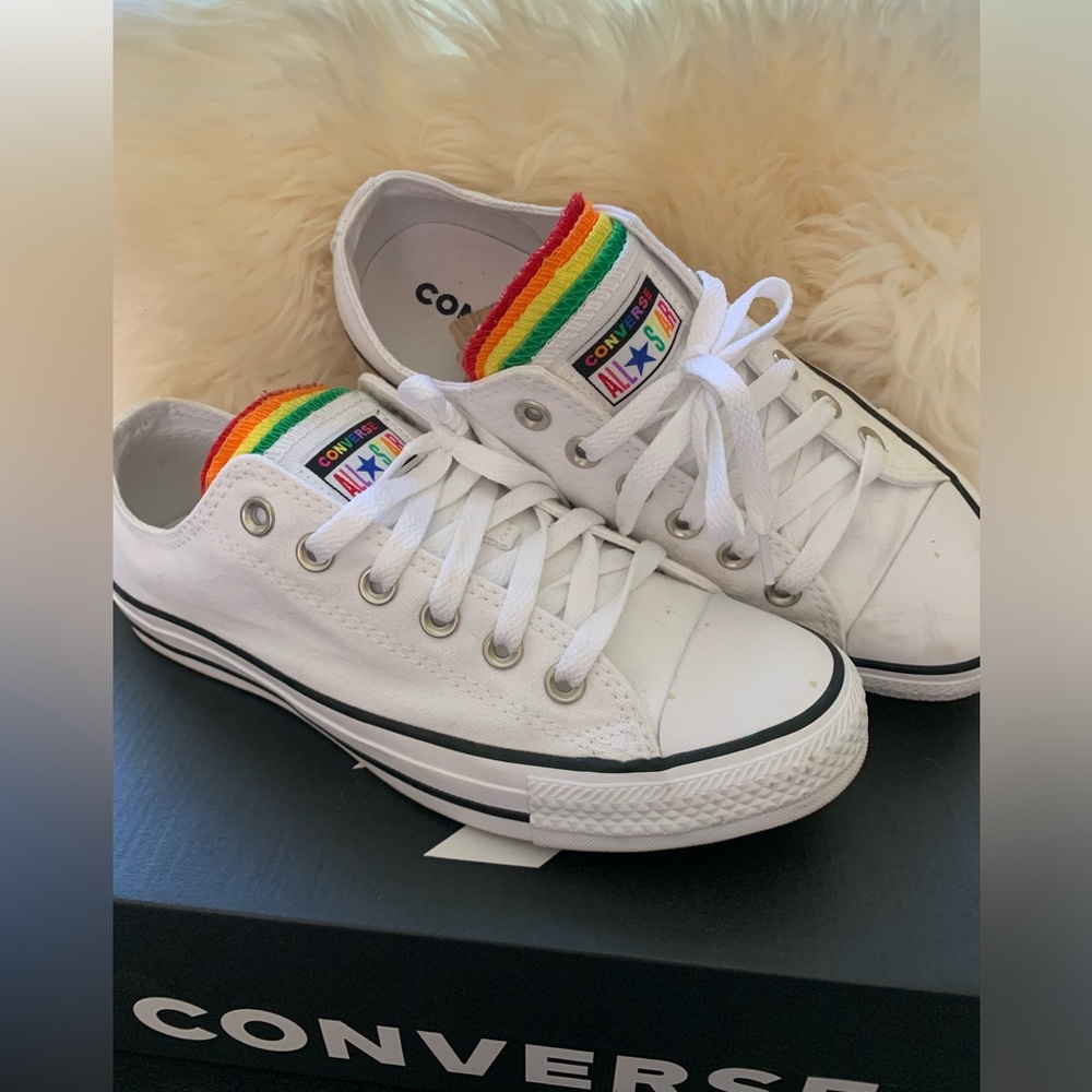Converse White Low-Top Sneakers with Rainbow Tongue